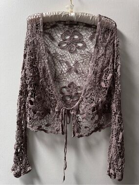 Delicate Crochet Tie-Front Cardigan Sweater - Mauve